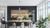 Trendy Scandinavian open concept kitchen and dining room with lots of natural light. Functional, modern and bright one wall kitchen with black and wooden cabinets. 